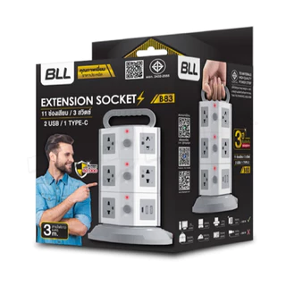 ปลั๊กไฟ BLL รุ่น B83 ปลั๊กไฟทาวเวอร์ 3 ชั้น 11ช่องเสียบ 3สวิตซ์ 2ช่อง USB / 1 Type-C ปลั๊กแปลงสาย 3m