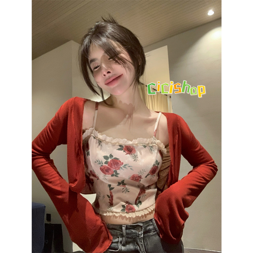 Cicishop(J652)Setเสื้อคลุม+สายเดี่ยวลายดอกกุหลาบ สม็อกหลัง ใส่เเล้วดูดีสไตล์เรียบหรู