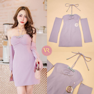 VORA Dress เกาะอก ผูกคอ แต่งแขนเสื้อยาว ช่วงอกจับจีบแต่งโบว์