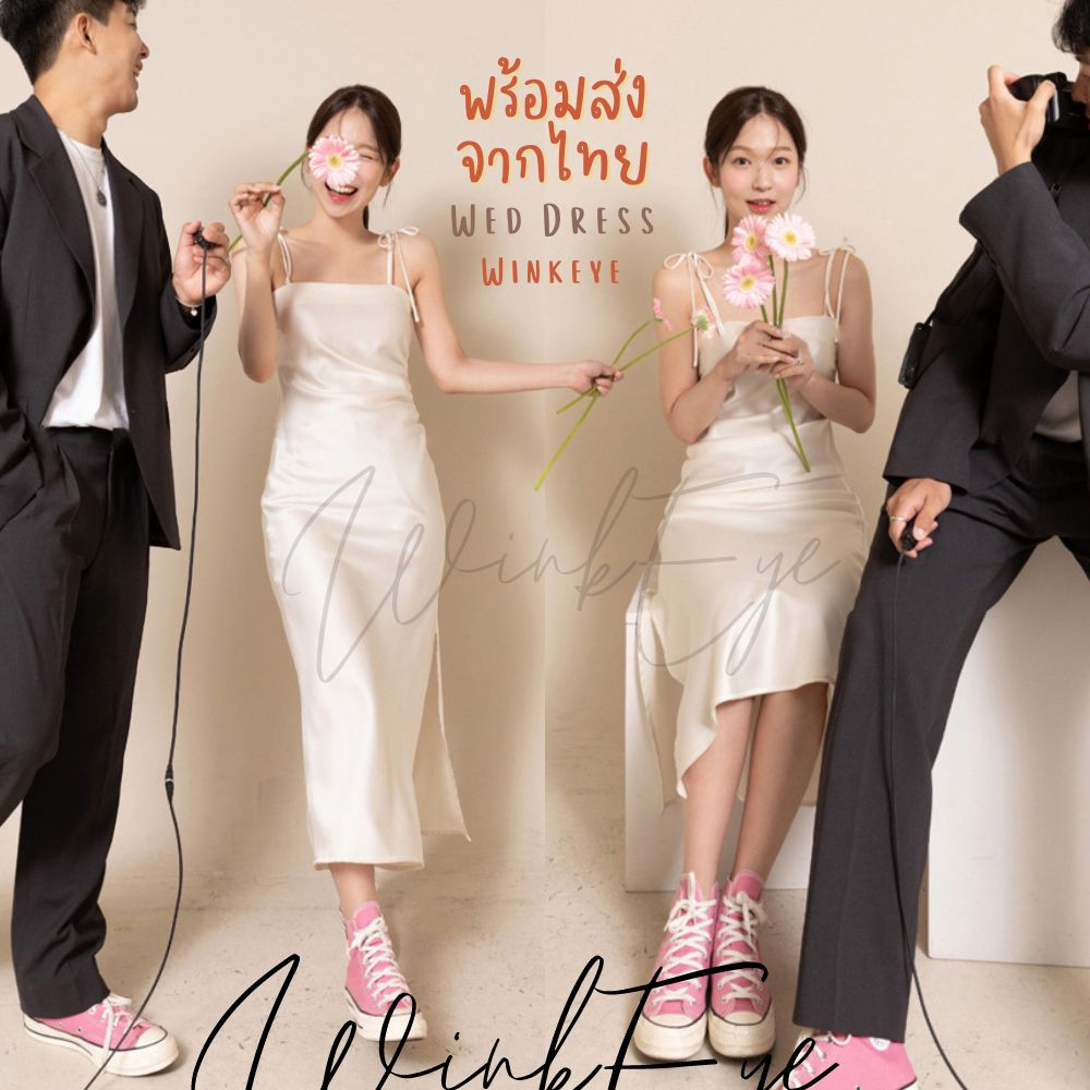(Dress5-173)พร้อมส่ง Wedding Dress เดรสแต่งงาน Korea Style เดรสสายเดียว ผูกสาย ถ่ายพรีเวดดิ้ง เดรสขาว สวยสไตล์ minimal