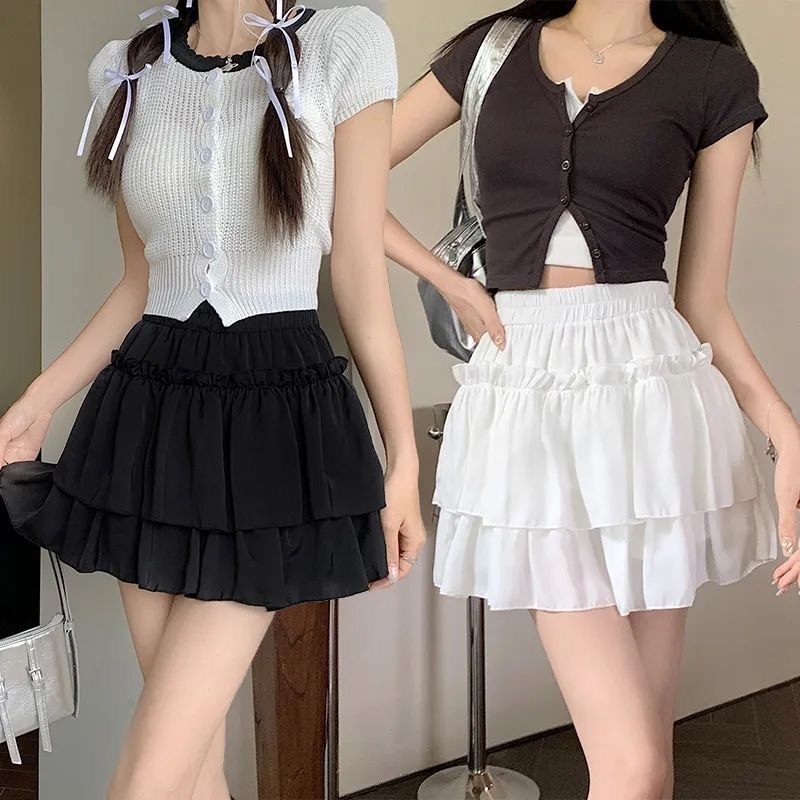Miniyiness กระโปรงสั้นเด็กนักเรียนหญิง กระโปรงเอวสูงสีทึบ มีซับใน กระโปรงเวียดนาม แต่งระบายชั้น ✅มีซับใน✅ไปคาเฟ่ งานสวยส