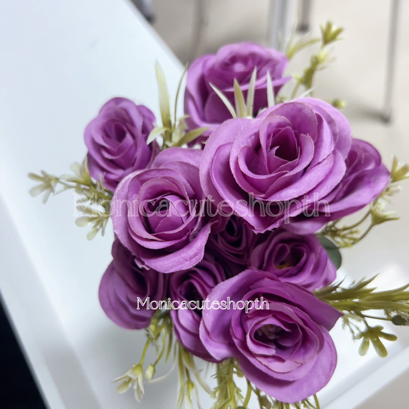 monica ดอกไม้ประดิษฐ์ กุหลาบสีม่วง+ใบแซม 1 ช่อมี 6ดอก no.30322 (30cm) สวยคุ้มจบในก้าน