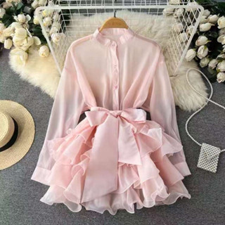 ✨พร้อมส่ง✨เสื้อระบายผ้าเเก้วเกาหลีแขนยาว เสื้อออกงานอลัง เสื้อระบายอลังพร้อมสายผูก