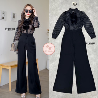 BT 0675 เซท 3 ชิ้น เสื้อเชิ้ตคอปกแต่งโบเรียง 3 เม็ด ผ้าลายซีทรูแต่งลายริ้ว