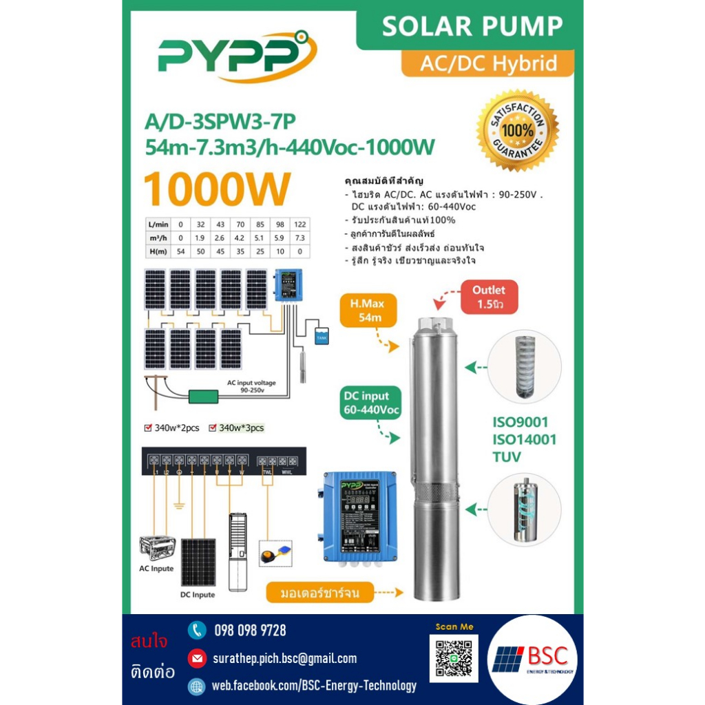 ปั๊มบาดาลโซลาร์เซลล์ PYPP รุ่น A/D 3SPW3-7P (54m-7.3m3/h-440Voc-1000w) บ่อ 3-6 นิ้ว ลงลึก 54 เมตร ท่