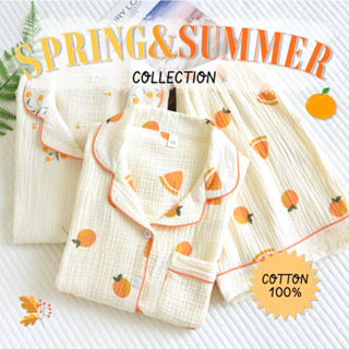 [พร้อมส่ง!] ชุดนอนเกาหลี ผ้า Cotton100% แขนสั้น-ขาสั้น ลาย Spring&amp;Summer🍊🌷 ใส่สบาย เบา นุ่ม Free-size