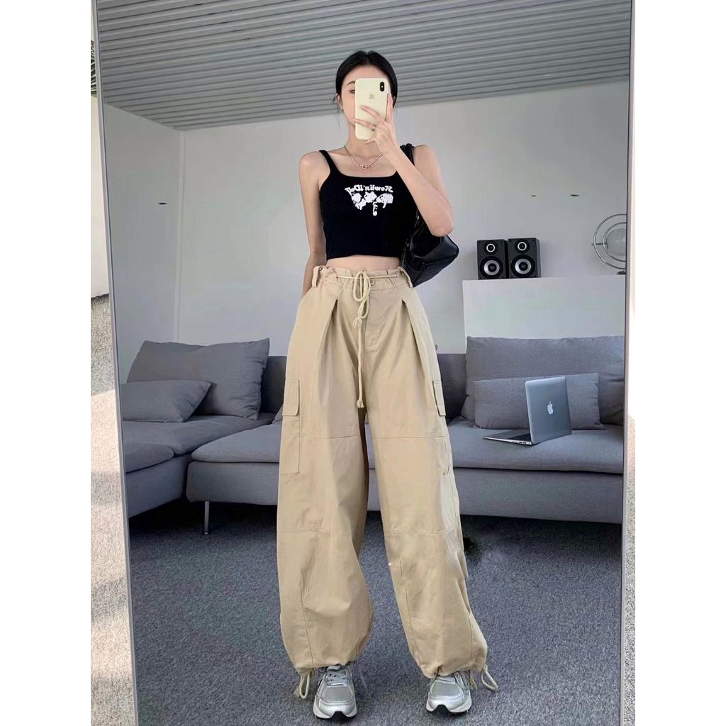 กางเกง คาร์โก้ เกาหลี กางเกงวอร์ม Y2K เนื้อผ้าใส่สบาย พร้อมเชือกเอว และปลายขา เท่มาก งานนำเข้าพร้อมส
