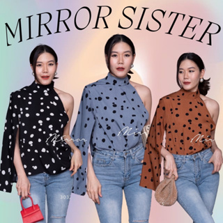 🔖ป้าย Mirrorsister 30321.5 เสื้อลายจุดตัวเก๋ ดีเทลสวยชิค ข้างซ้ายแขนกุด ข้างขวาแขนผ่าแหวกอำพรางแขน