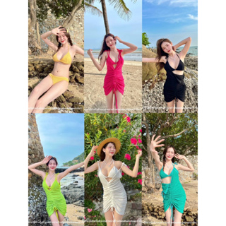 ชุดเซ็ต3ชิ้น บิกีนี ผ้ายืดเนื้อทอฉลุ ผ้าดีมาก ดีเทลแต่งกุ๊นรอบ