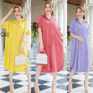 S.48 C&amp;V Midi Dress เดรสเชิ้ตแขนสั้นตัวยาว กระดุมผ่าหน้า กระเป๋าล้วงข้าง เดรสสีพื้น ผ้าไหมอิตาลี ทรง Oversize อก 48 นิ้ว