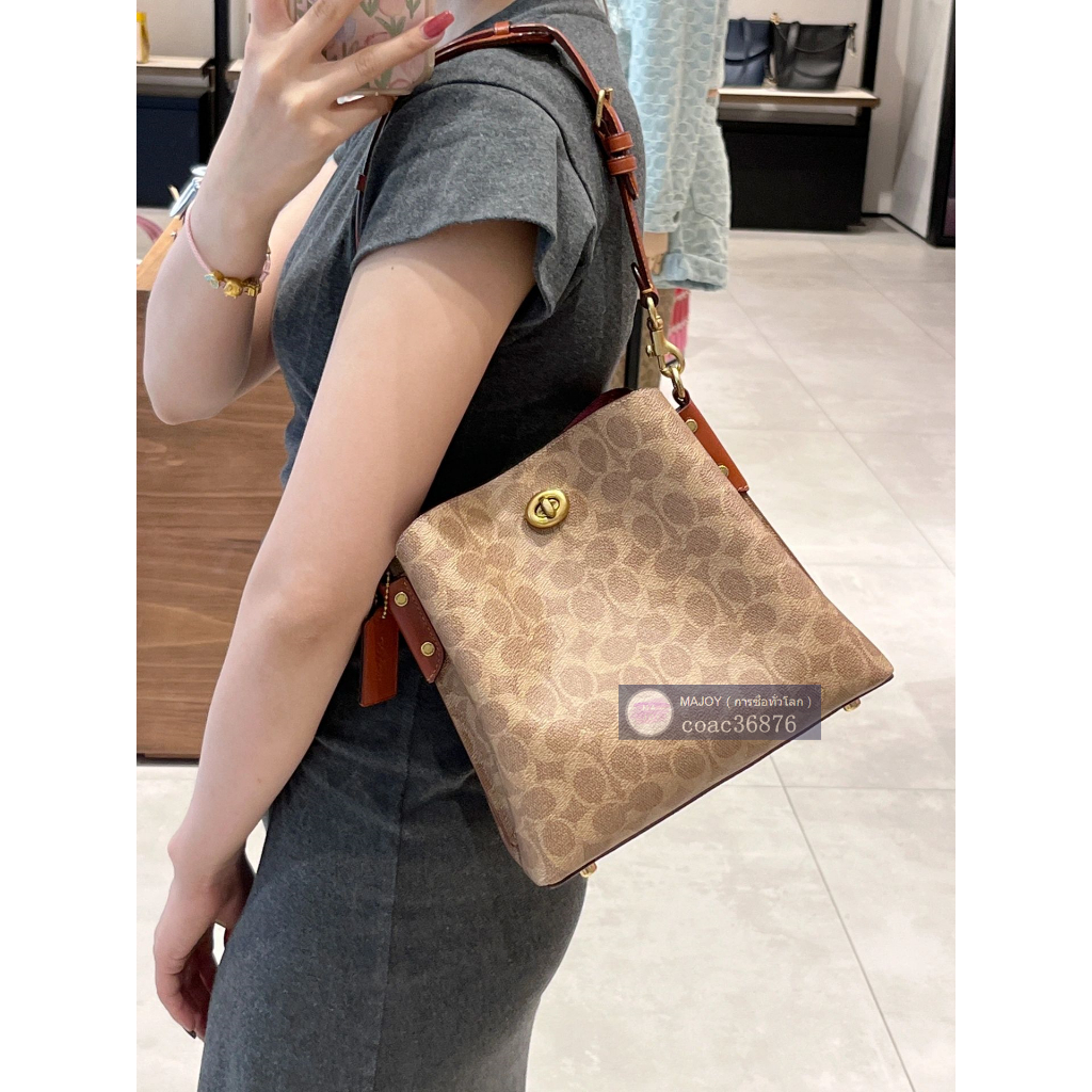 แท้💯% /ปลอดภาษี COACH Willow Bucket กระเป๋าทรงถังใบเล็ก กระเป๋าสะพายข้างผู้หญิง，กระเป๋าสะพายข้างแบบพกพา
