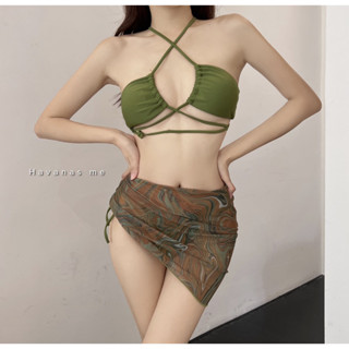 🍋Havanas me🍋ส่งจากไทย set 3 pcs bikini ชุดเซทบิกินี่ ชุดว่ายน้ำ3ชิ้น สีเขียว ชุดไปทะเล summer calling