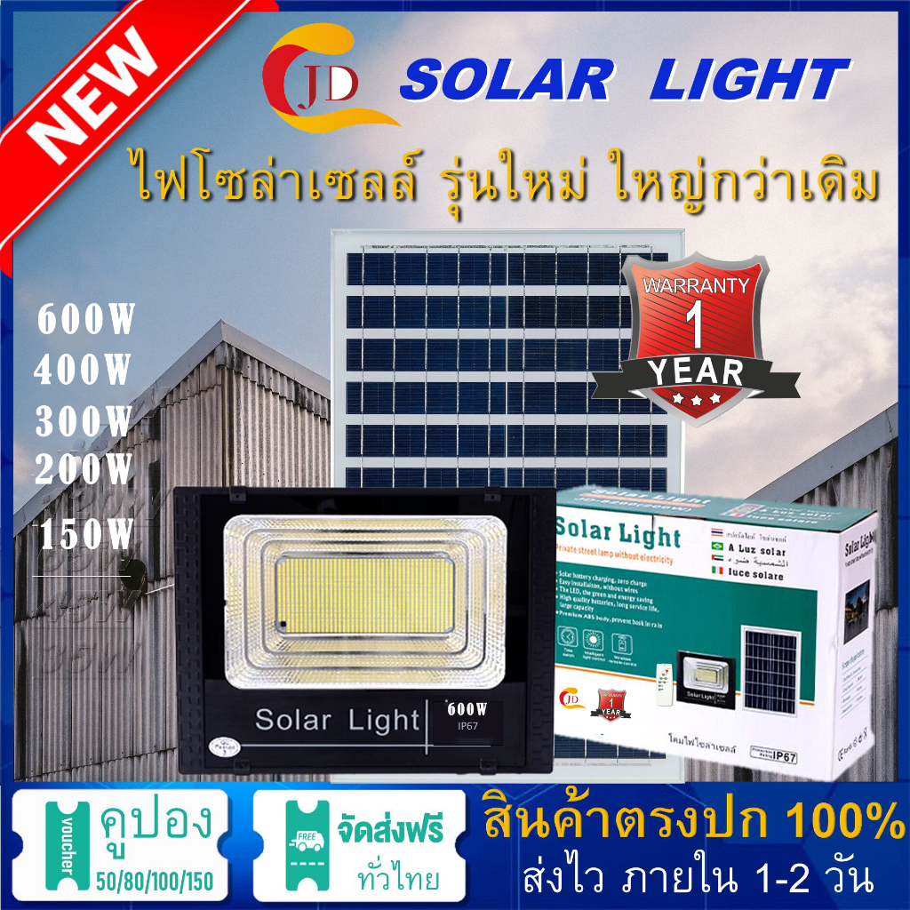 JD ของแท้! ไฟสปอตไลท์โซล่าเซลล์ 35W 200W 300W 400W 1000W กันน้ำ IP67 ใช้พลังงานแสงอาทิตย์ ไฟบ้าน LED Solar light