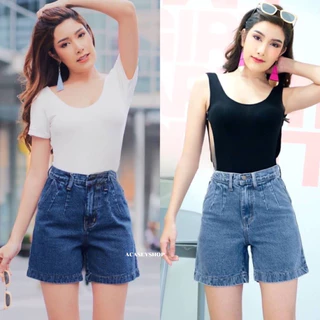 Acasey กางเกงยีนส์สามส่วน 3ส่วน สไตล์วินเทจ แต่งจีบหน้า ไซส์ S - 6XL 3ส่วนCN