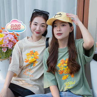 Cloudcandy เสื้อครอป เอวลอย CROP Oversize แขนสั้น คอกลม ผ้าคอตตอน สกรีนลาย WILDFLOWER 🌼