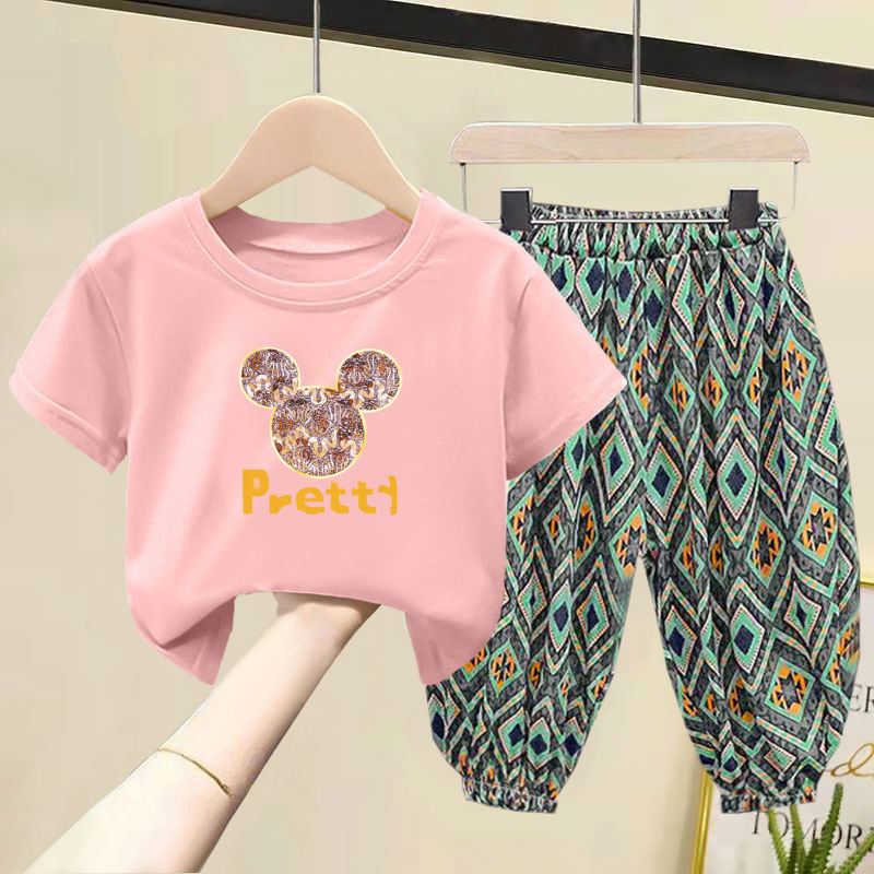 KFC-880702 ชุดเซ็ต2ชิ้นสำหรับเด็ก (เสื้อ+กางเกงขายาวลาย) เสื้อยืดคอกลมแขนสั้น ลายMICKEY