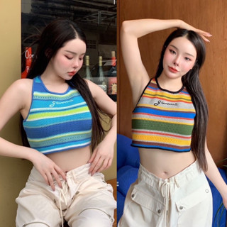 ครอปแขนกุดซิปหลังลายริ้วรุ้ง โทนสีสวยมาก G crochet top