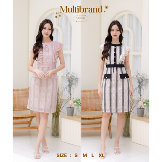 Iงานป้าย Multibrand {S-2XL} (ป้ายแท้)(เช็คของก่อนโอนเงิน) มี 5 ไซส์ ชุดเดรสสั้นคอกลม ลายทาง แขนระบาย 600