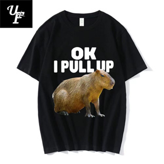 เสื้อยืดลําลอง ผ้าฝ้าย 100% แขนสั้น พิมพ์ลายกราฟฟิค Ok I Pull Up Capybara ทรงหลวม สไตล์ฮาราจูกุ