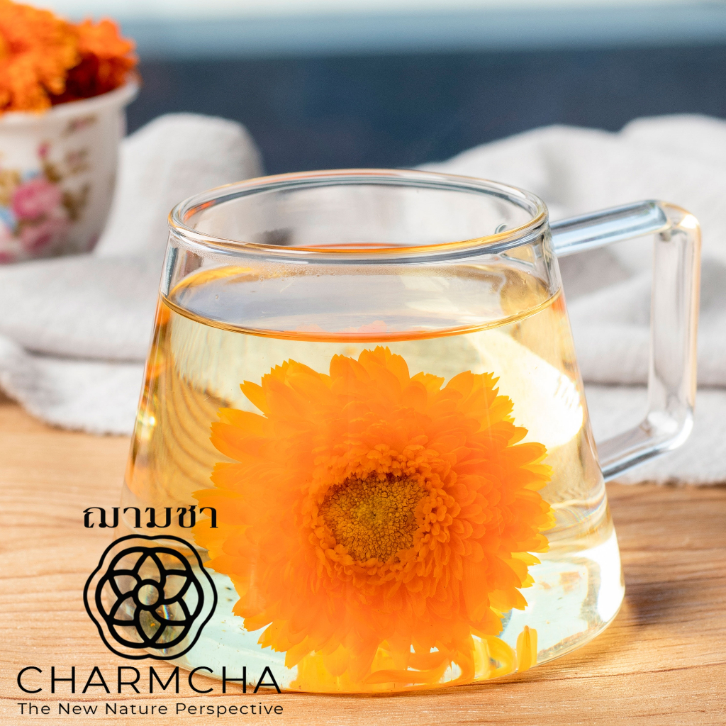 ชาดอกดาวเรือง (Marigold Tea) และกลีบ ดอกเบญจมาศสีส้ม ผิวพรรณดีขึ้น บำรุงสายตา ขับร้อนในร่างกาย ชาดอกไม้ Charmcha ฌามชา