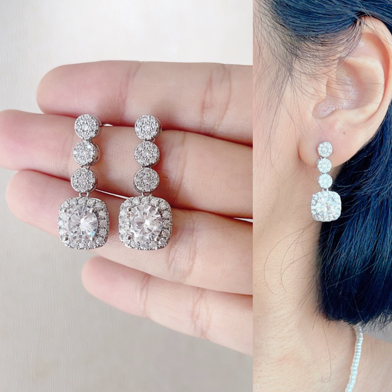[หนีบ, เจาะ] พร้อมส่ง ต่างหูเพชร cz งานชุบทองคำขาว ใส่ออกงาน ชุดราตรี ต่างหูเจ้าสาว