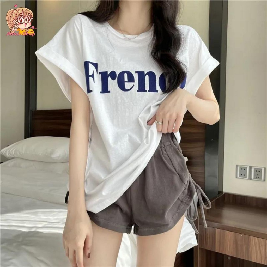 annacny เสื้อวินเทจสุดฮิต เท่ห์ๆ ดีเทลแต่งพับแขน สกรีนลายFrench พร้อมส่ง TS1049