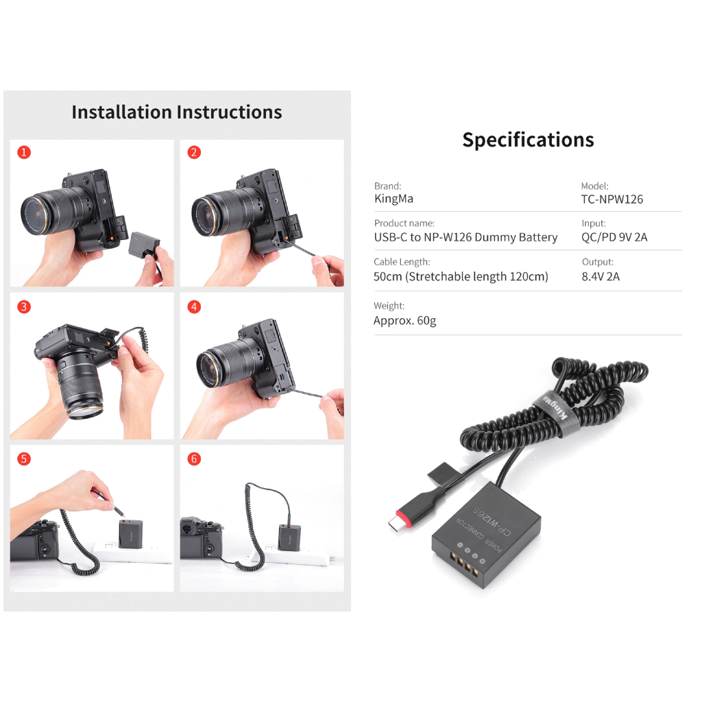 แบต Dummy Fuji NP-W126 / NP-W126S Kingma USB-C แบตไลฟ์สด แบตดัมมี่ ฟูจิ ( NPW126 / W126S / XA10 / XE4 / XT30 / XT200 )