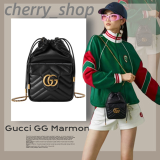 🍒กุชชี่ Gucci GG Marmont series mini bucket bag 🍒กระเป๋าถัง/กระเป๋าถังผู้หญิง กระเป๋าสะพายข้าง/กระเป๋าร่อซู้ล