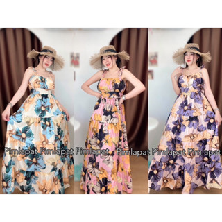 🌼FF18665🌸🌺💐Maxi dress ลายดอกไม้ สม๊อคหลัง 🍑