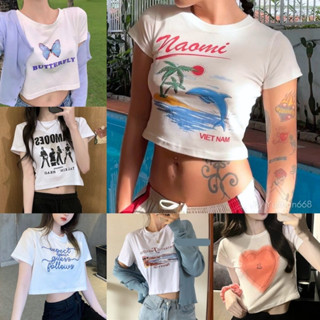 Yulihan668 🌻 CF-6 เสื้อครอป ครอปท็อป แขนสั้น สไตล์เกาหลี ผ้าคอตตอนผสม