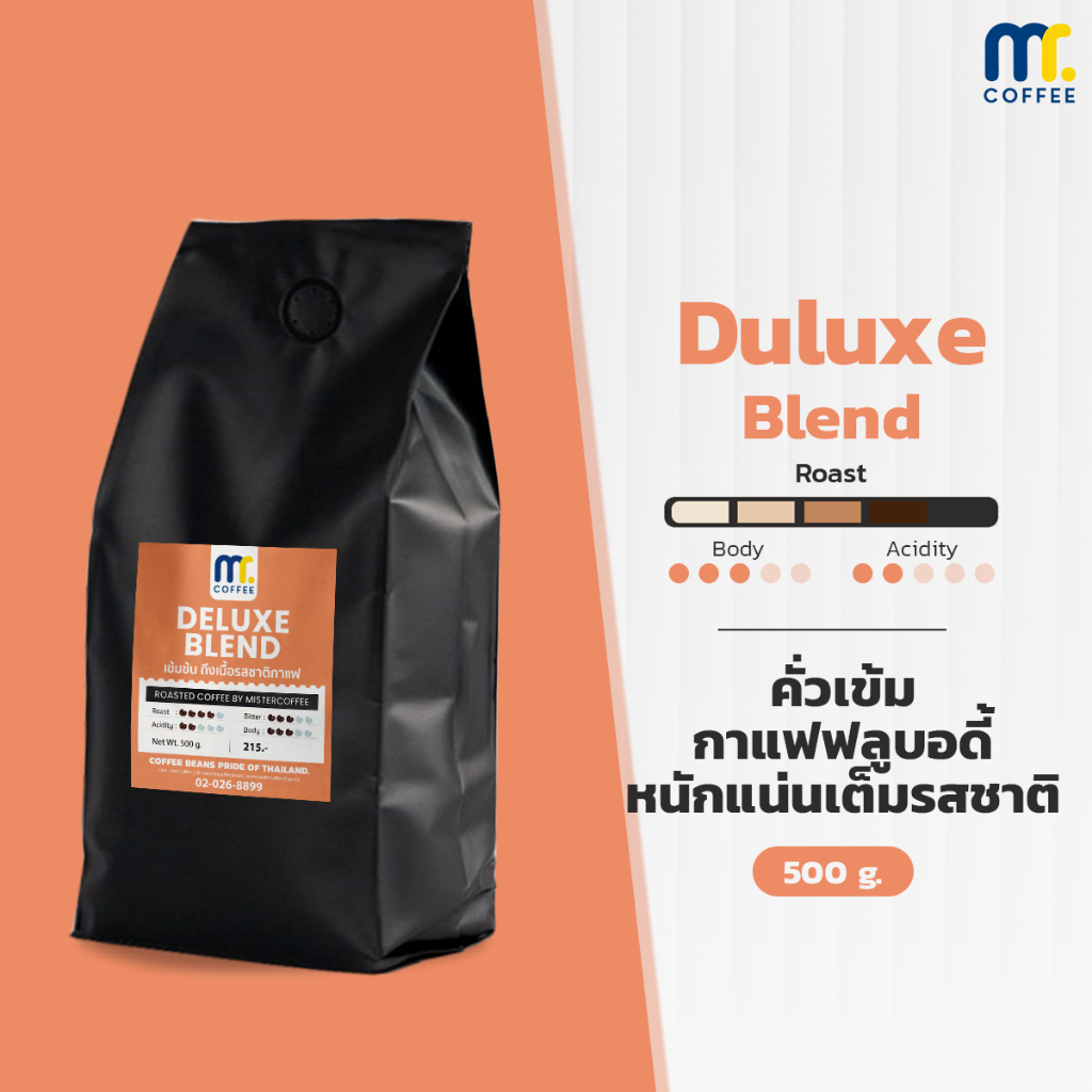 เมล็ดกาเเฟคั่ว Deluxe Blend By Mistercoffee เมล็ดกาแฟผสม คั่วเข้ม สูตรสำหรับแก้วเย็นหวานมัน คลาสสิคกฟลูบอดี้ ขนาด 500g