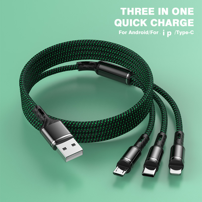 สายชาร์จเร็ว 3 in 1 Fast Charging สายชาร์จมี 3หัว ใช้ได้กับมือถือทุกรุ่น ยาว1.2เมตร สายถัก3 ใน 1สายชาร์จโทรศัพท์มือถือ