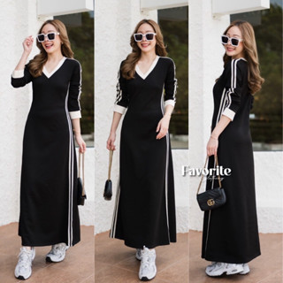 🌈🌿🌸🌼🌺🤎🇰🇷 Cotton V Long Sleeve Rim Stripe Maxi Dress