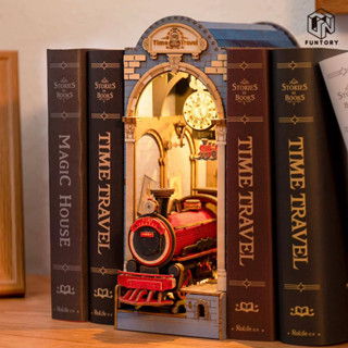 🚂พร้อมส่ง ENG.ver📚 Funtory ที่กั้นหนังสือ Time Travel Book Nook DIY ประกอบเอง ตัวต่อไม้ DIY Bookend เปิดไฟได้ Robotime