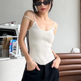 Eve-500900 l Top สายเดี่ยวคู่ แต่งแถบข้าง ผ้ายืด Cotton เกาหลี