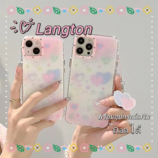 🌈Langton🌸ขอบเต็ม ป้องกันการหล่น พร้อมจี้ iphone 11 14 pro max รูปหัวใจ สีชมพู เส้นขอบโปร่งใส case for iPhone 12 13