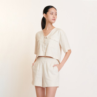 Khaki Bros. - Top Shirt - เสื้อครอปเชิ้ตผู้หญิง และ  Relex short - กางเกงขาสั้น(Linen  (กางเกง),M)