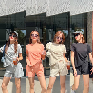 Nudeaholic 💚 7368 ชุดเซ็ต เสื้อแขนสั้นคอกลมดีเทลกิมมิกอยุ่ตรงชายเสื้อ มาคู่กางเกงขาสั้นทรงคาร์โก้