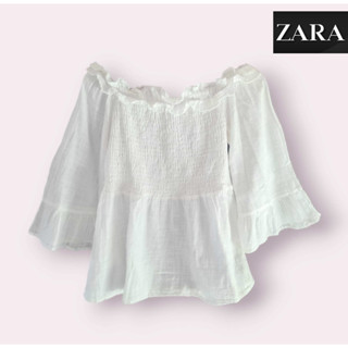 เสื้อปาดไหล่ สม็อคอก ผ้าลินิน แขนอลังๆแต่งระบาย งานป้าย zara basic