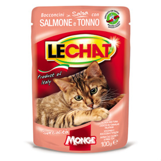 Monge Lechat Pouch Chunkies with Salmon &amp; Tuna อาหารแมว แบบซอง สูตรเนื้อแซลมอน และทูน่า 100 กรัม 24 ซอง