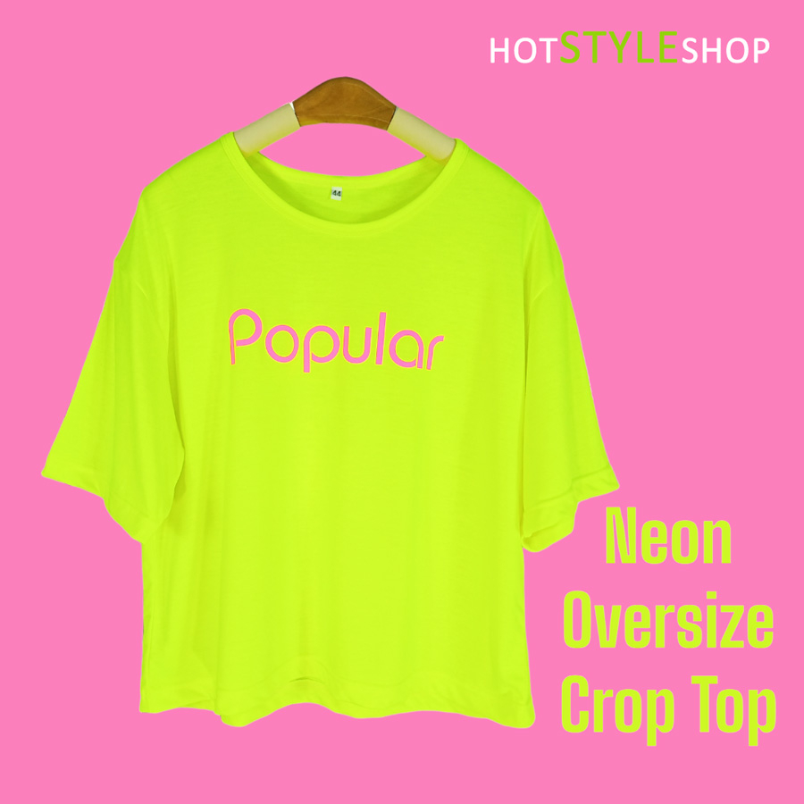 เสื้อครอปโอเวอร์ไซส์สีนีออน สกรีนลาย Popular เกาหลี ไหล่ตกๆน่ารักๆ เรืองแสงเมื่อโดนไฟแบล็คไลท์