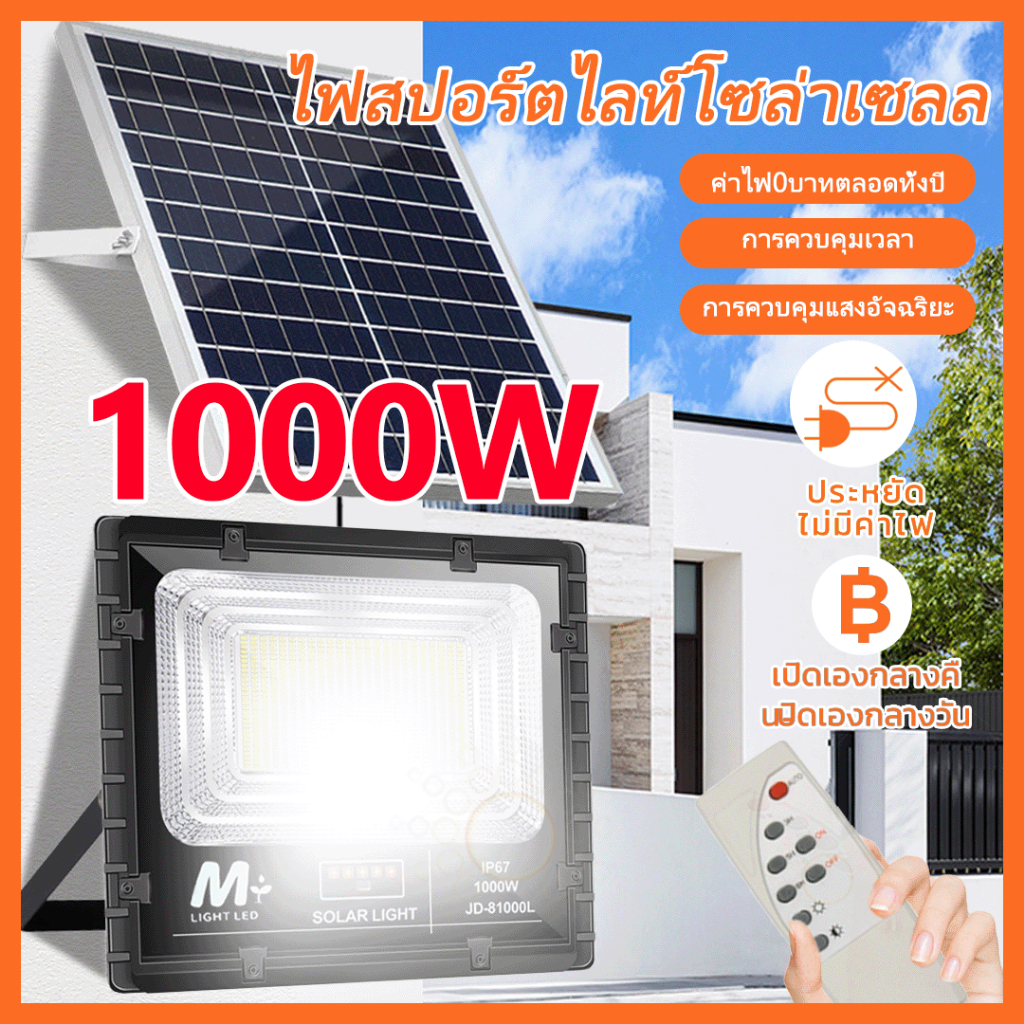 ใหม่ล่าสุดไฟโซล่าเซลล์ 1000W สปอตไลท์ โคมไฟโซล่าเซลล์ Solar Cell ไฟ solar light
