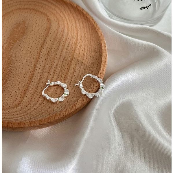 323-goodgift_station-Glossy silver flower earrings S925 silver needle ต่างหูแบบเจาะ รูปทรงดอกไม้  เป