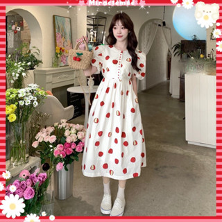 Apple Dress พร้อมส่ง เดรสสีขาวลายแอปเปิ้ล โทนสีขาวแดง เดรสคอกลม เดรสแขนพอง งานป้ายypy