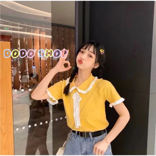 DODO🌟พร้อมส่ง🌟เสื้อไหมพรม แต่งขอบระบาย ผูกโบว์หน้า น่ารักสไตล์คุณหนู(5108)