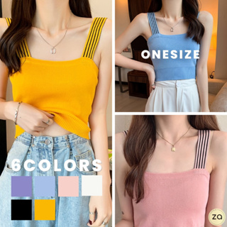 💥HOT SALE💥เสื้อสายเดี่ยวสายใหญ่ สายแต่งลายริ้ว 6 สี ผ้าไหมพรมยืด