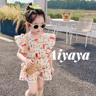 Aiyaya เสื้อผ้าเด็ก แฟชั่นฤดูร้อน สไตล์เกาหลี  เสื้อผ้าลวดลายกราฟฟิตี+กางเกงขาสั้น ชุด2ชิ้น（630）