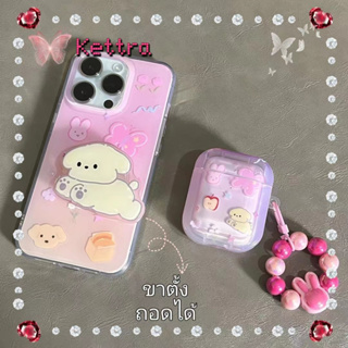 💜Kettra💜ป้องกันการหล่น ขอบเต็ม iPhone 11 14 pro max การ์ตูน ลูกสุนัข สีชมพู ขาตั้ง ถอดได้ case for iPhone 12 13