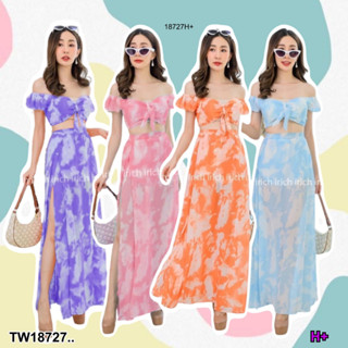 TwinsShopVip💗พร้อมส่ง TW18727  set 3 ชิ้น เสื้อไหล่ระบาย + กระโปรงยาว #ลายกินอ่อน