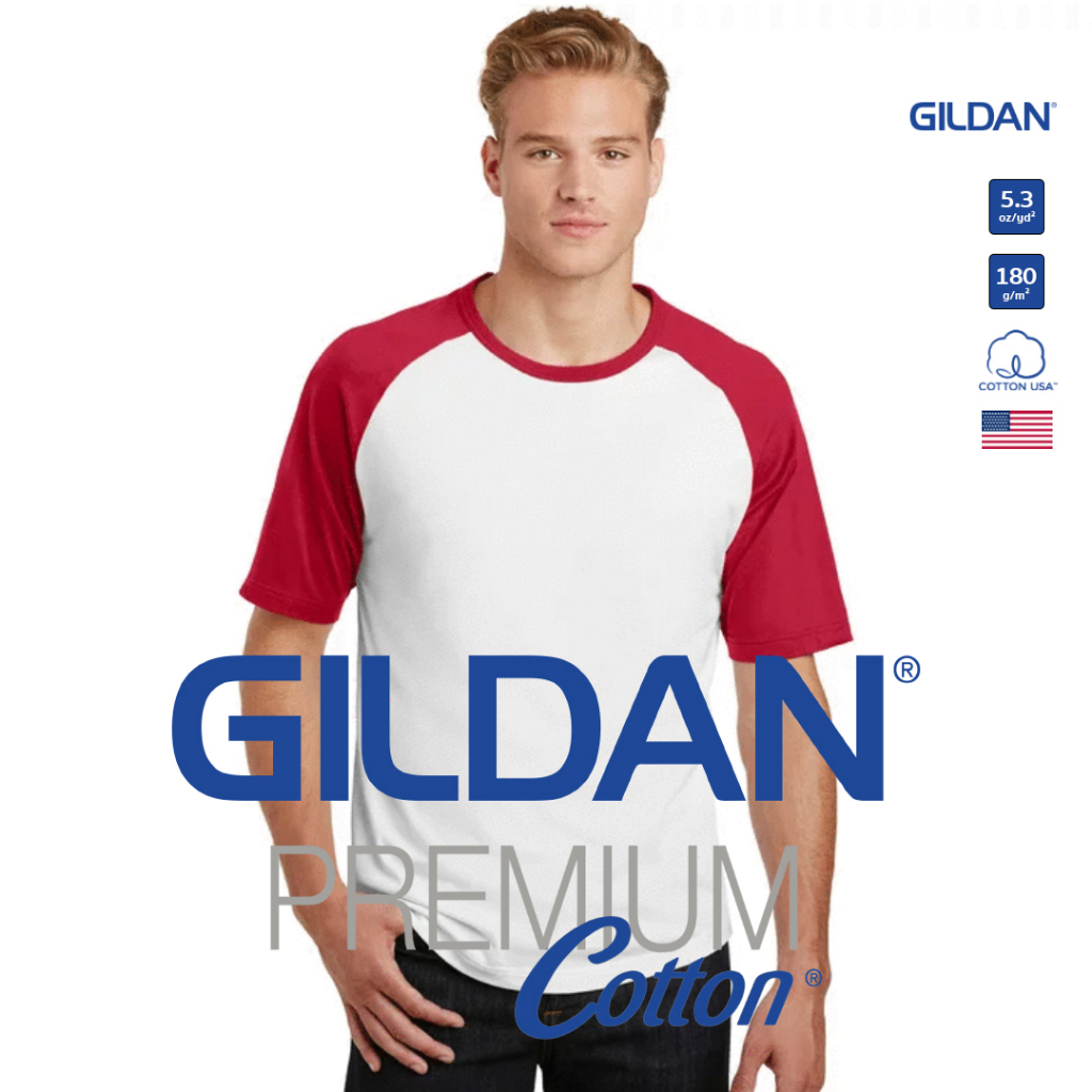 T-Shirts 250 บาท GILDAN® เสื้อยืดไหล่สโลป แขนสั้น – ตัวขาว แขนแดง Men Clothes